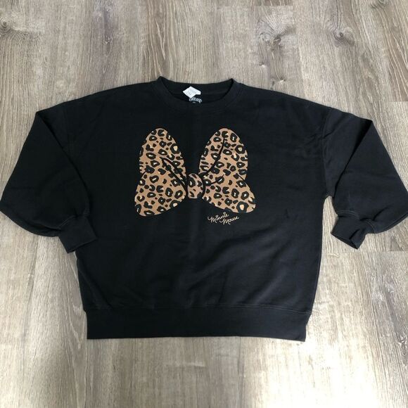 Disney Minnie Mouse Leopard Print Bow Black Crewneck Sweatshirt Women's Small - Picture 1 of 9